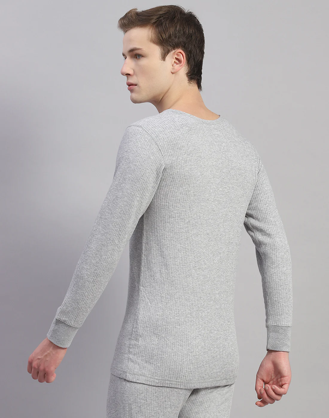 Men Grey Solid Round Neck Full Sleeve Thermal Vest - Image 5