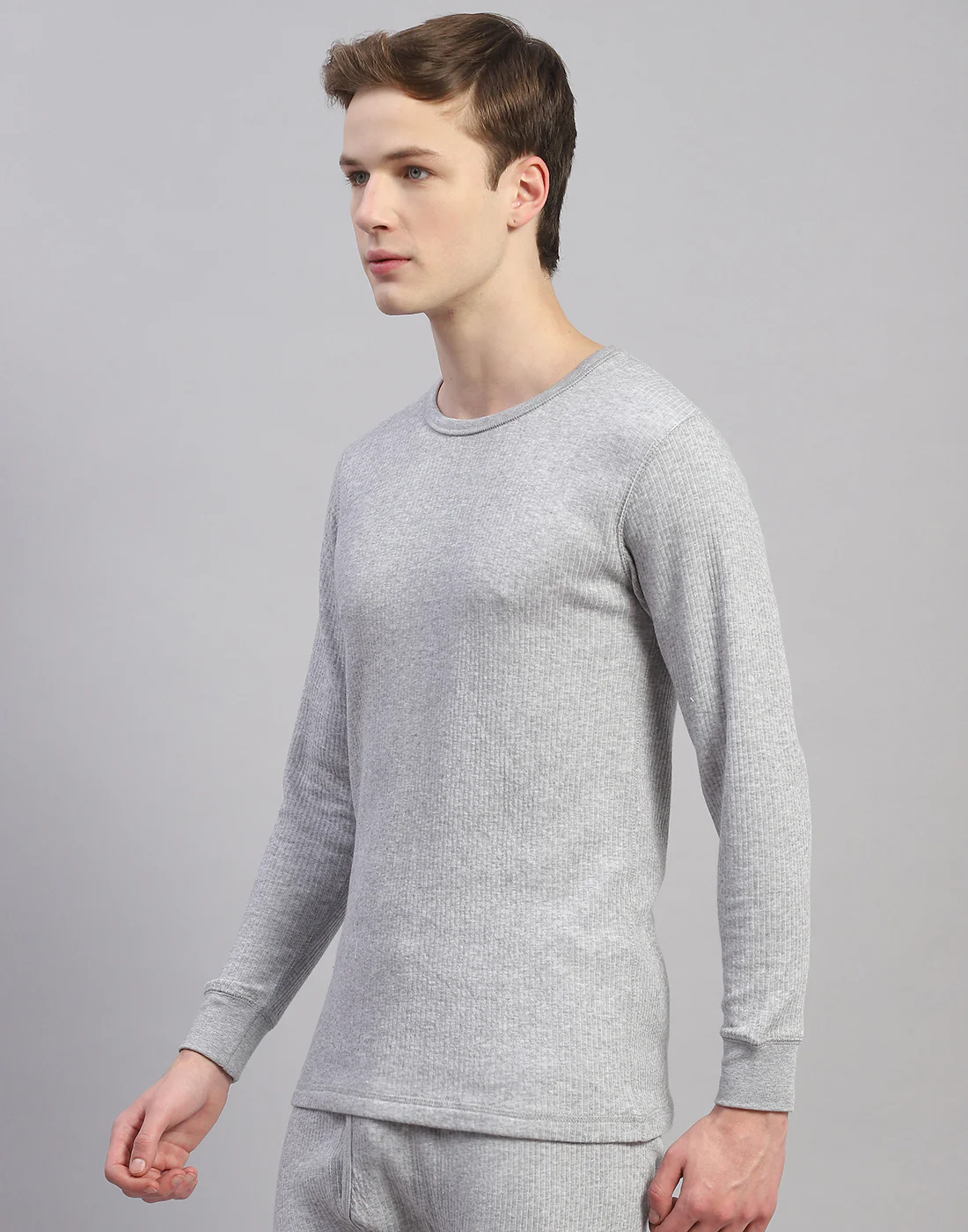 Men Grey Solid Round Neck Full Sleeve Thermal Vest - Image 3