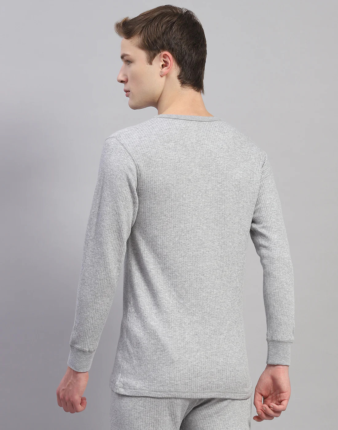 Men Grey Solid Round Neck Full Sleeve Thermal Vest - Image 5