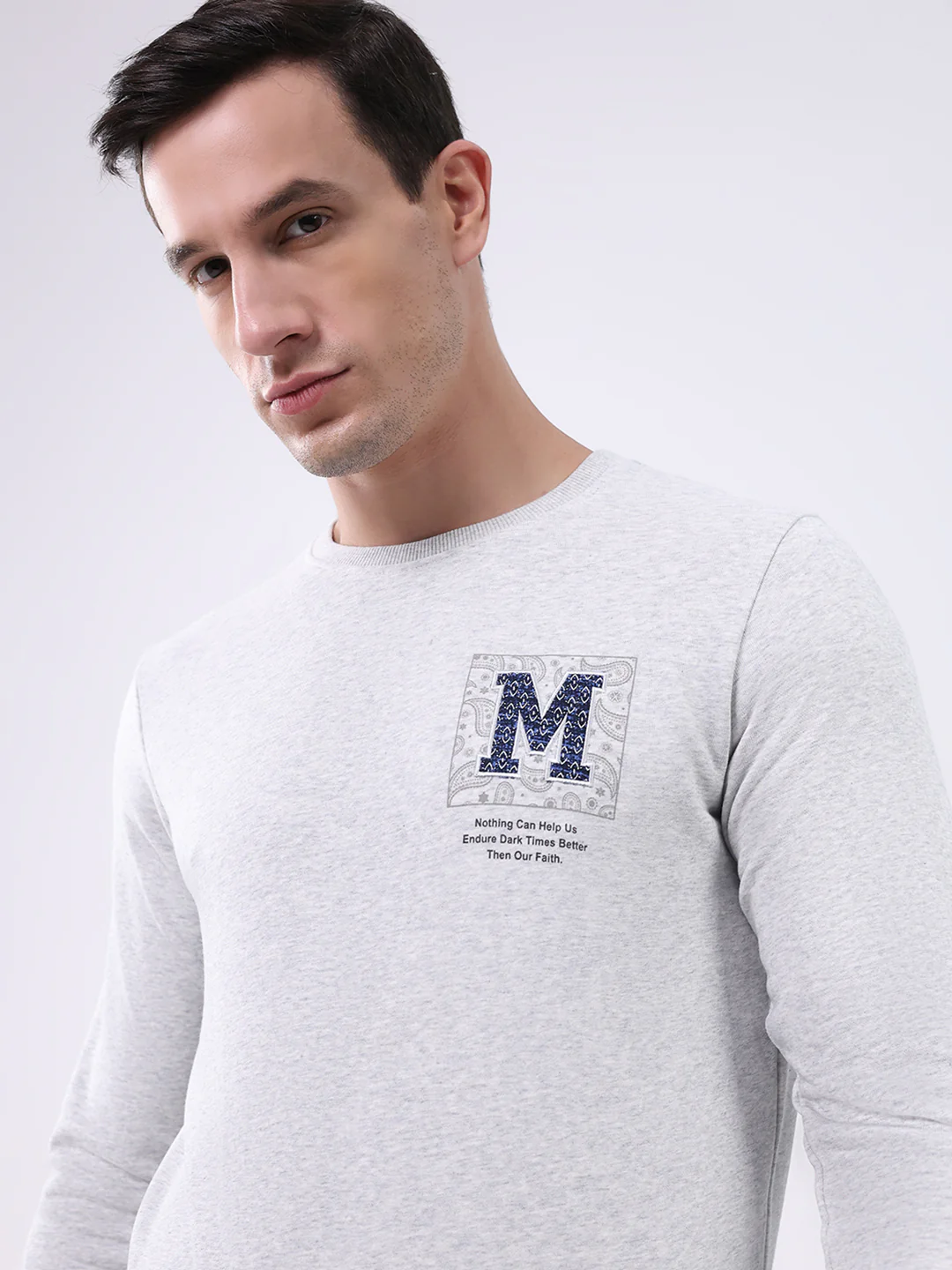 Men Grey Solid Round Neck Full Sleeve Winter T-Shirt - Image 6