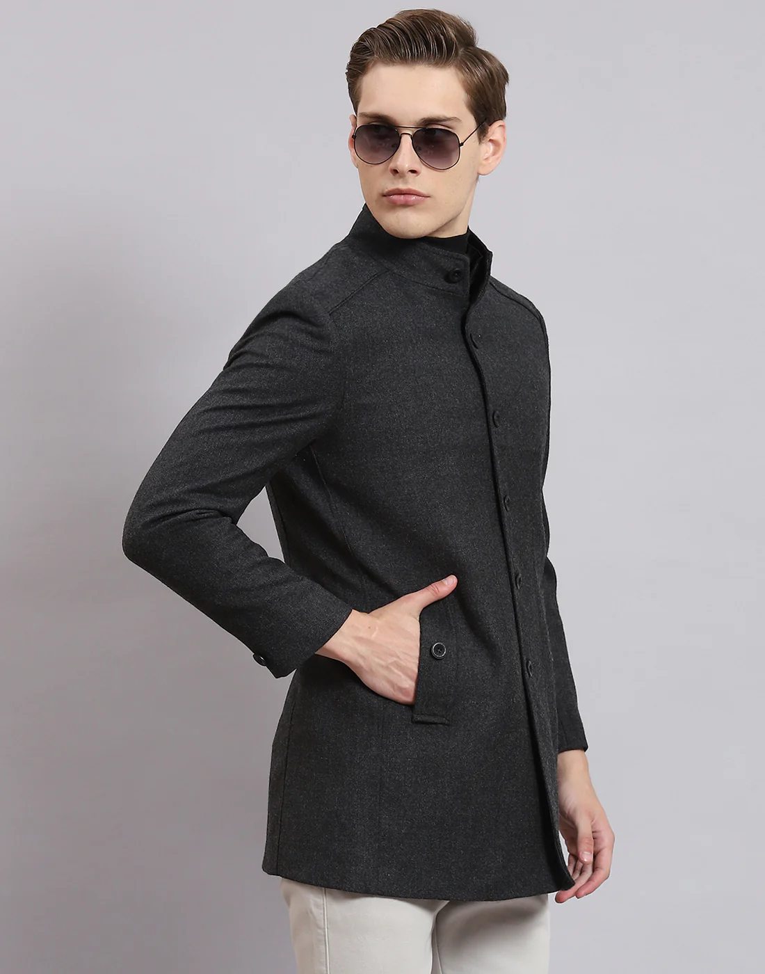 Men Grey Solid Stand Collar Full Sleeve Coat - Image 4