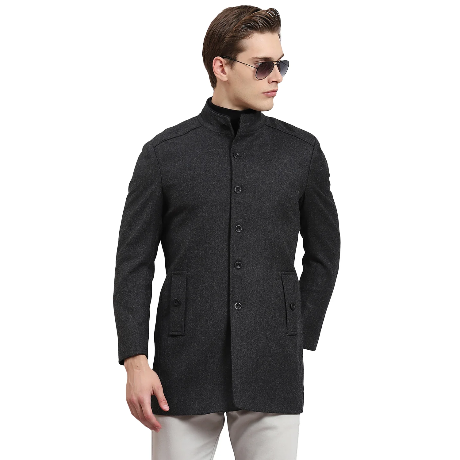 Men Grey Solid Stand Collar Full Sleeve Coat - Image 5