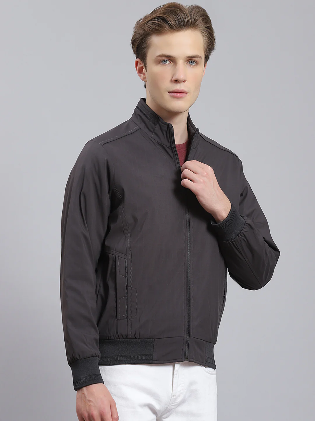 Men Grey Solid Stand Collar Full Sleeve Jacket - Image 3
