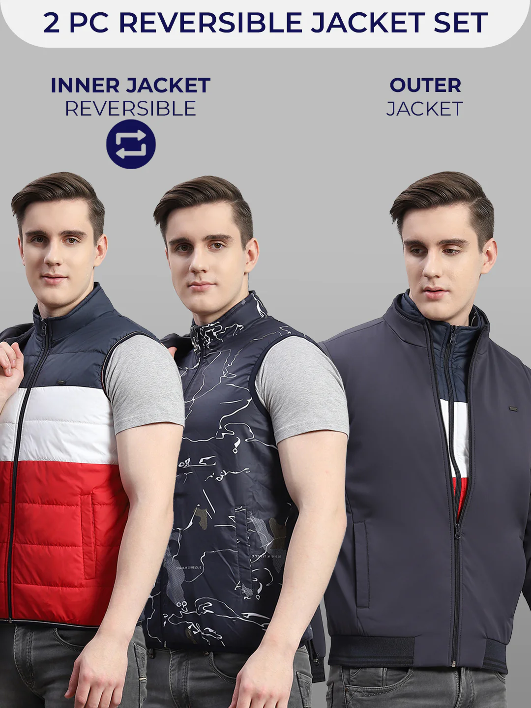Men Grey Solid Stand Collar Full Sleeve Reversible Jacket - 2 Pc set - Image 2