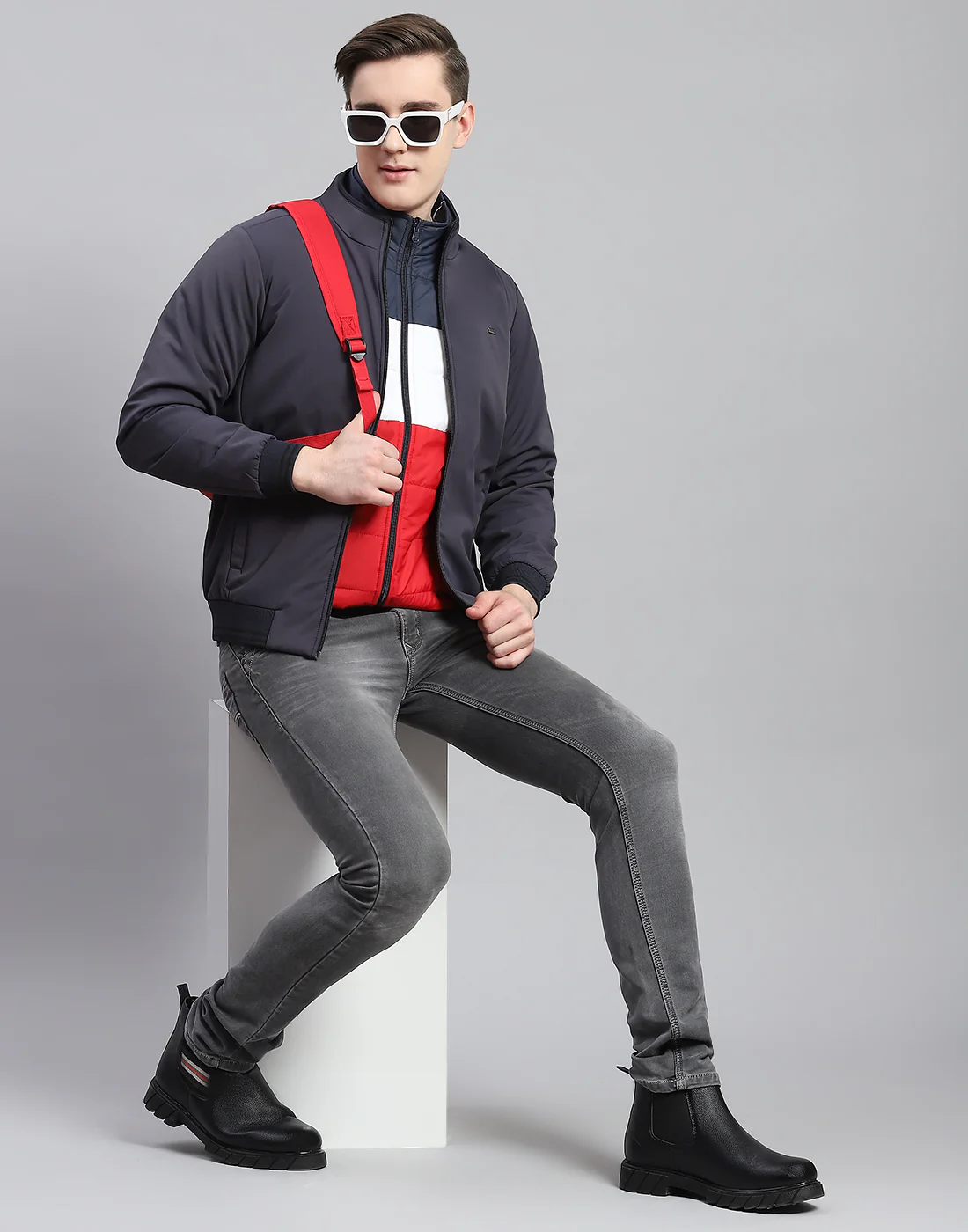 Men Grey Solid Stand Collar Full Sleeve Reversible Jacket - 2 Pc set - Image 7