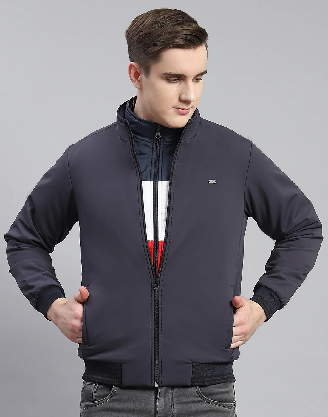 Men Grey Solid Stand Collar Full Sleeve Reversible Jacket - 2 Pc set - Image 8