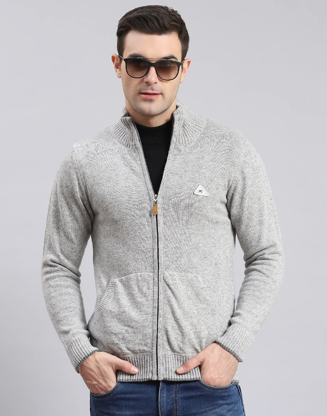 Men Grey Solid Stand Collar Full Sleeve Sweater - Image 2
