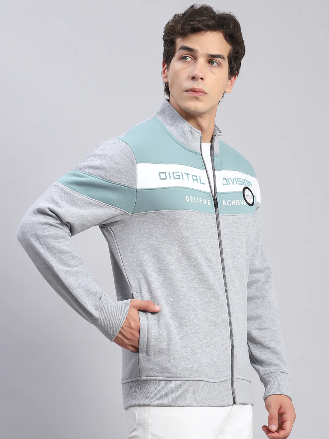 Men Grey Solid Stand Collar Full Sleeve Sweatshirts - Image 4