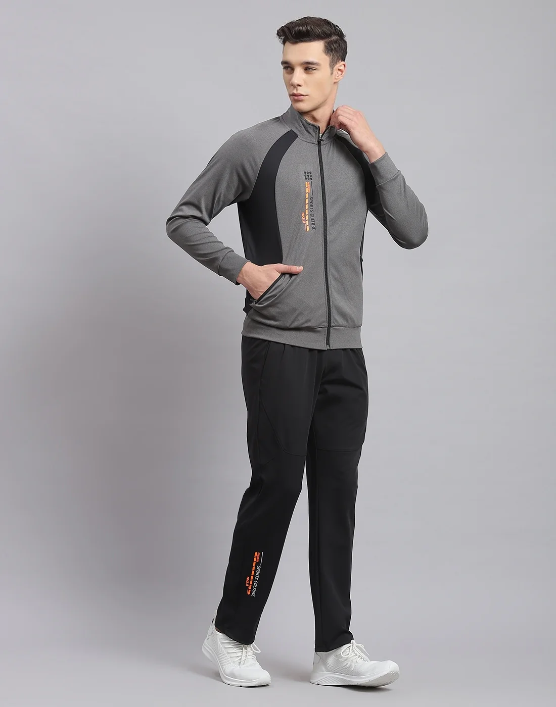 Rock.it Men Grey Solid Stand Collar Full Sleeve Tracksuit - Image 4
