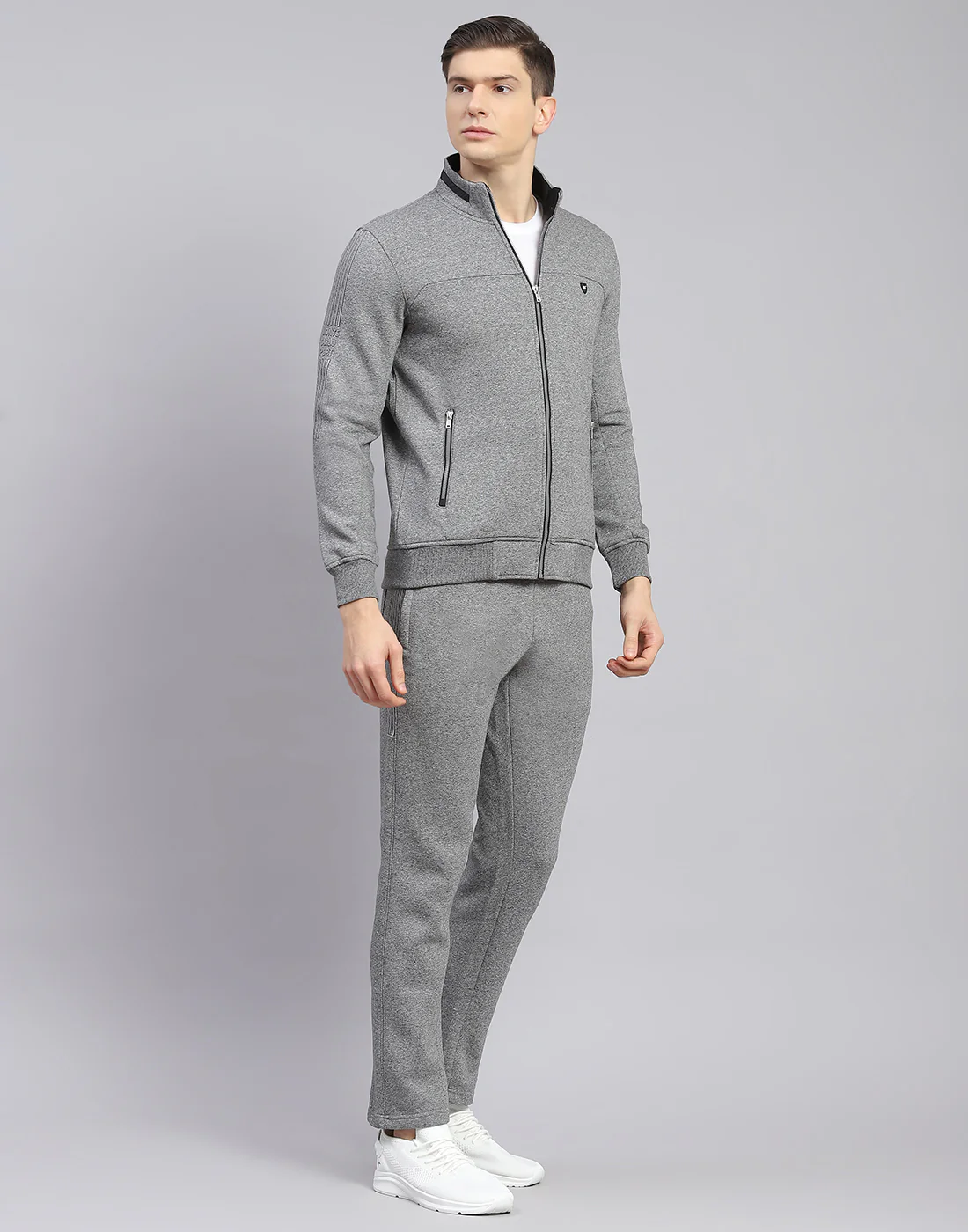 Men Grey Solid Stand Collar Full Sleeve Tracksuit - Image 4