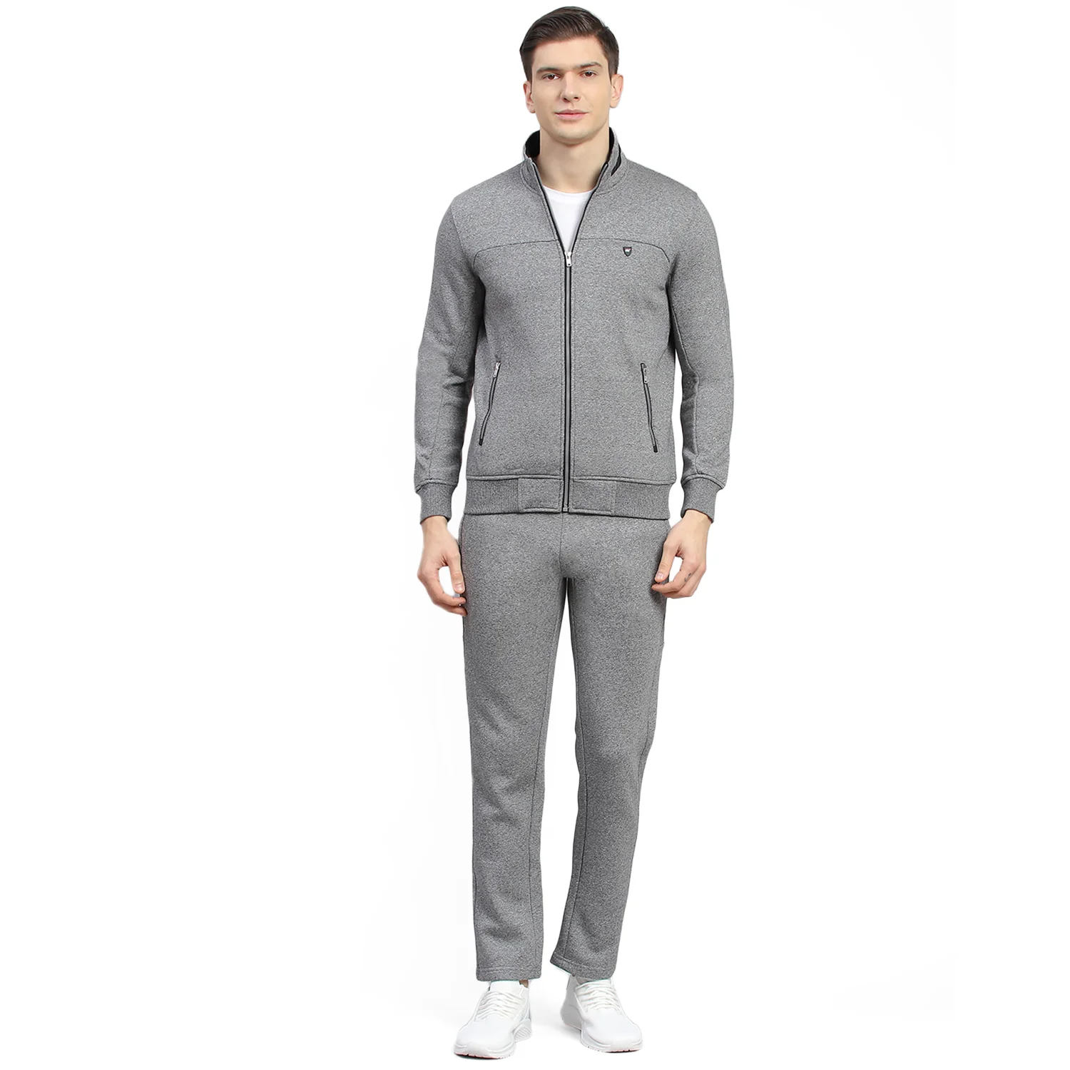 Men Grey Solid Stand Collar Full Sleeve Tracksuit - Image 5