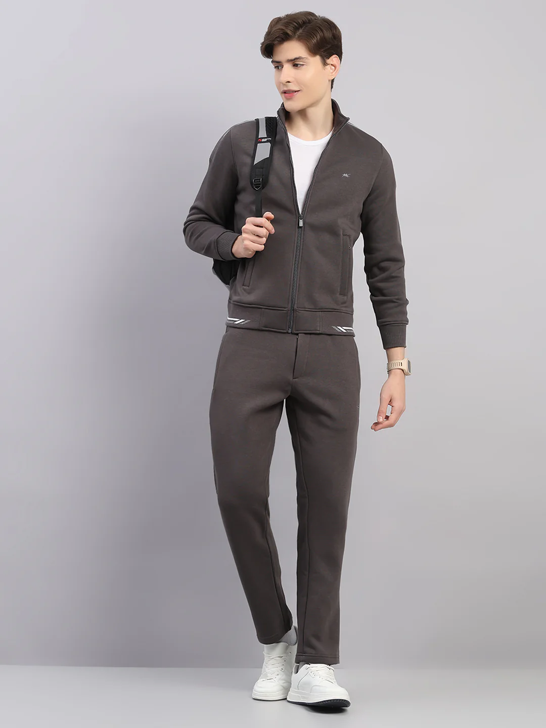 Men Grey Solid Stand Collar Full Sleeve Winter Tracksuit - Image 2