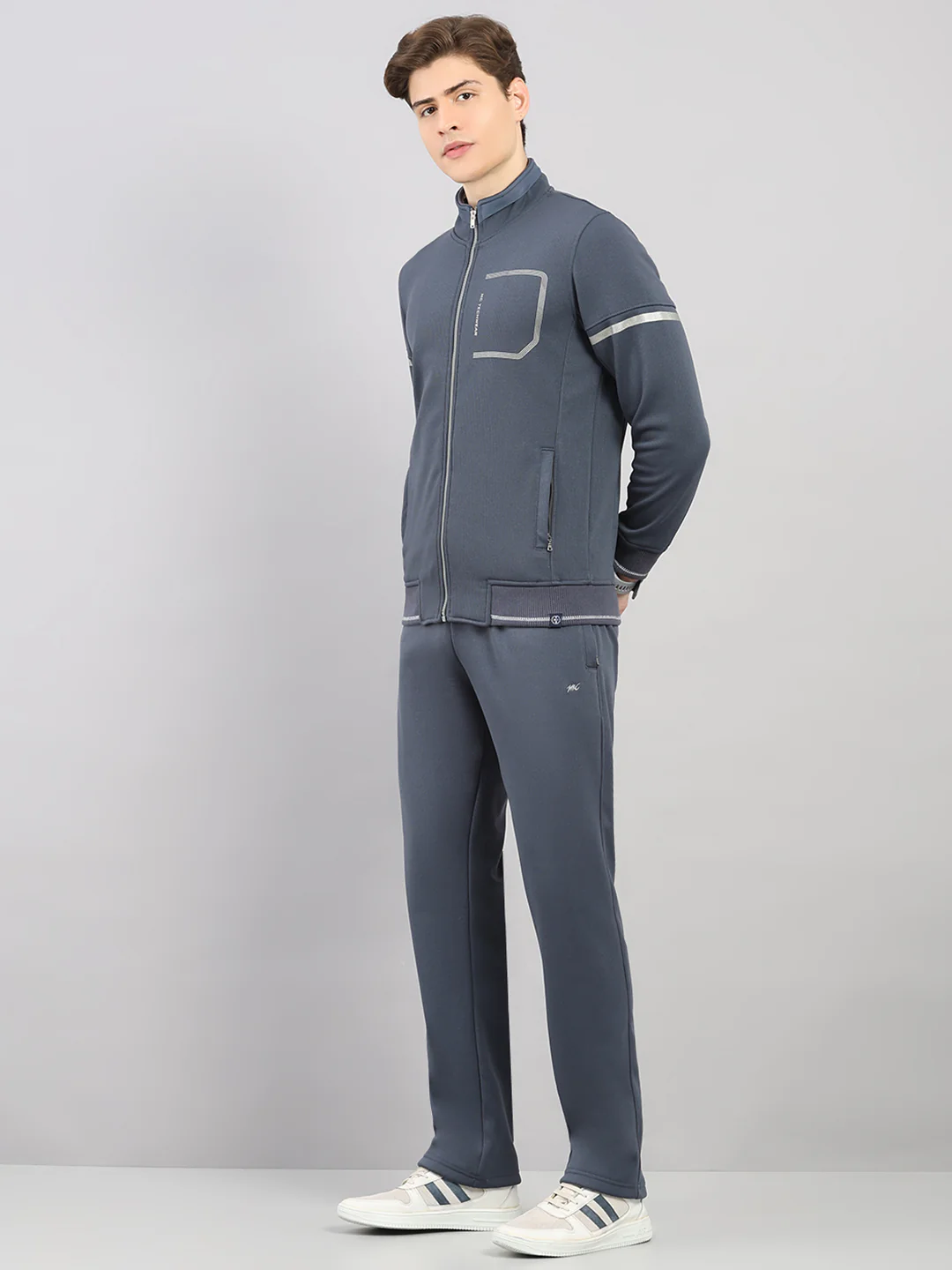 Men Grey Solid Stand Collar Full Sleeve Winter Tracksuit - Image 3