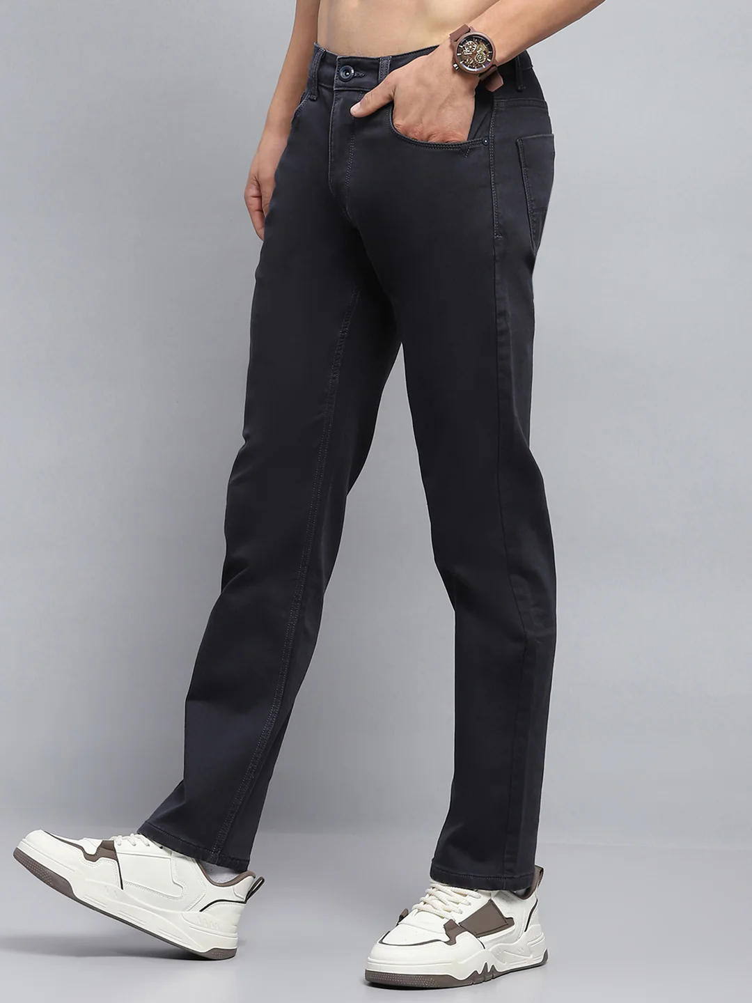 Men Grey Solid Straight Fit Denim - Image 3