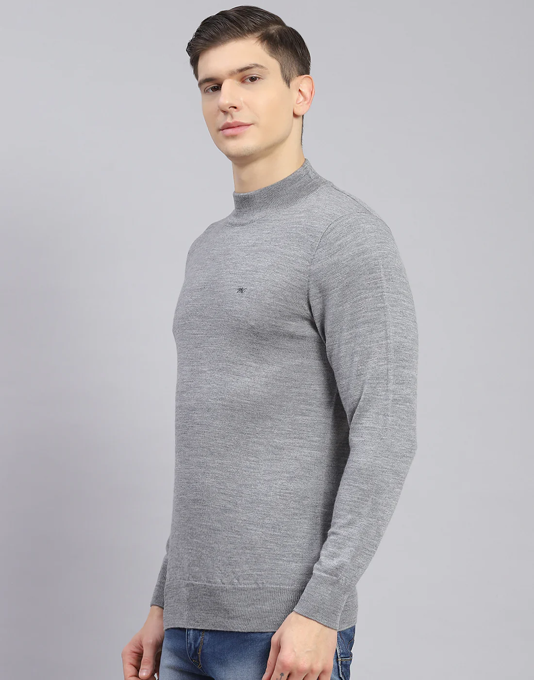 Men Grey Solid T Neck Full Sleeve Sweater - Image 3