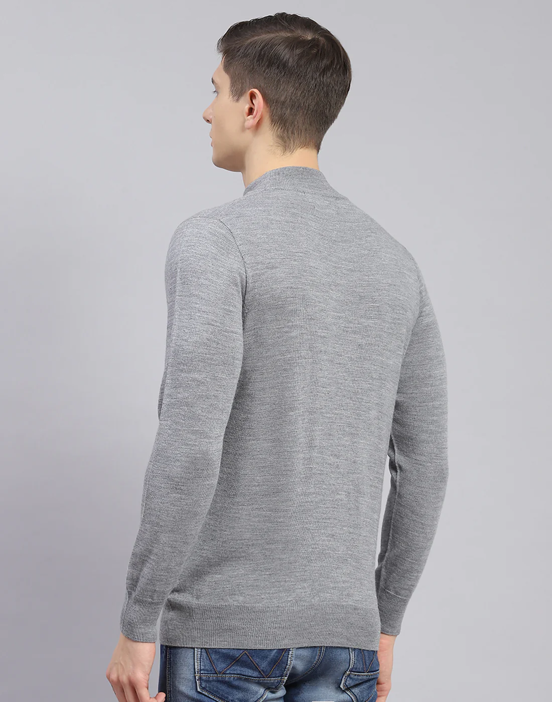 Men Grey Solid T Neck Full Sleeve Sweater - Image 5