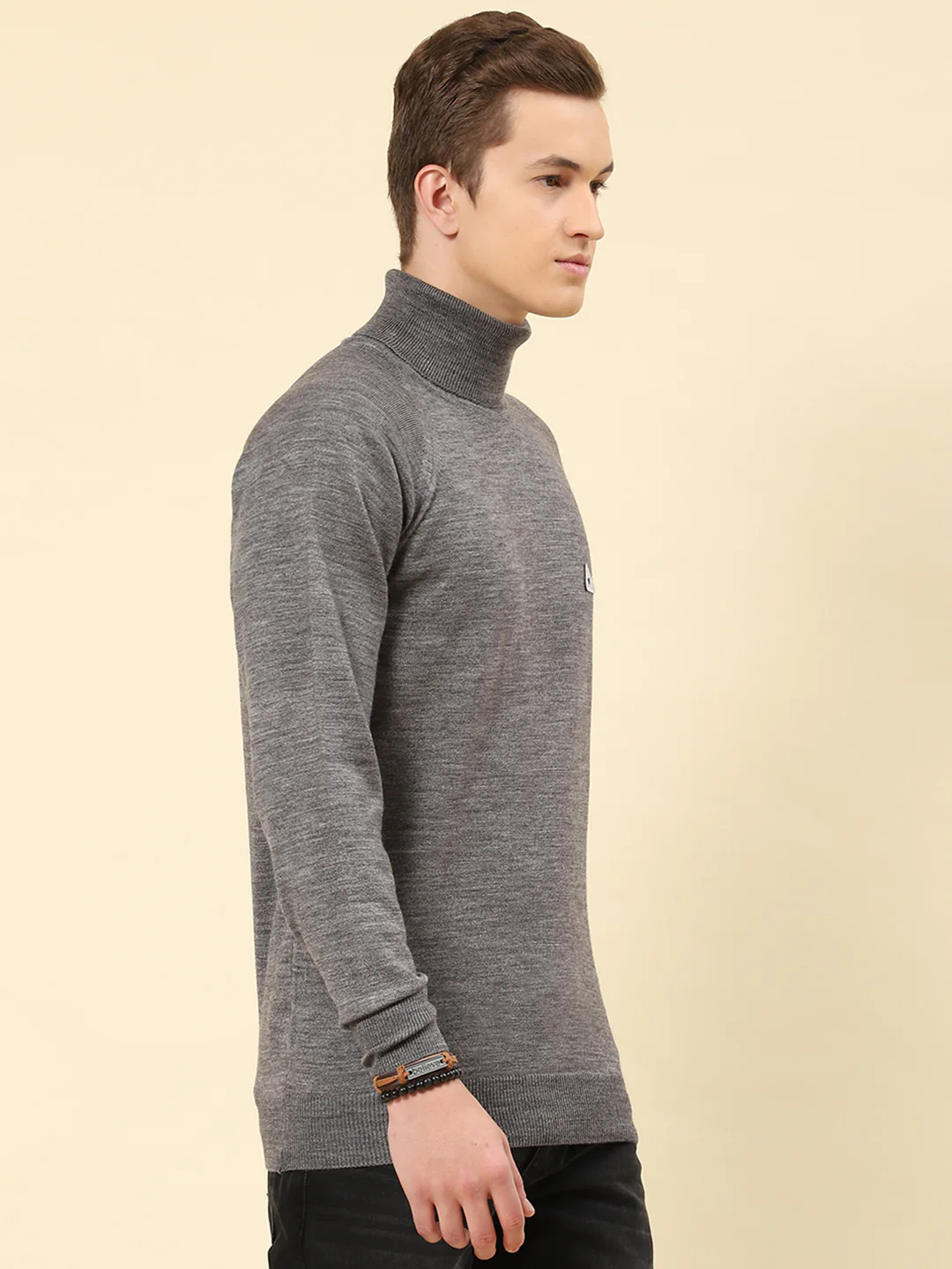 Men Grey Solid Turtle Neck Full Sleeve Pullover - Image 4