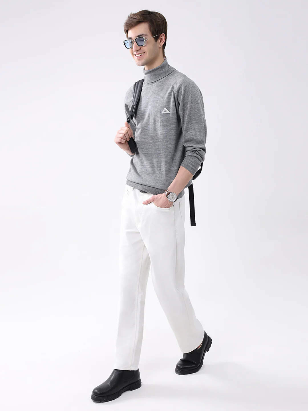Men Grey Solid Turtle Neck Full Sleeve Pullover - Image 2