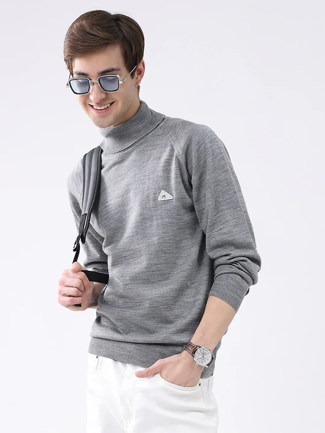 Men Grey Solid Turtle Neck Full Sleeve Pullover - Image 6