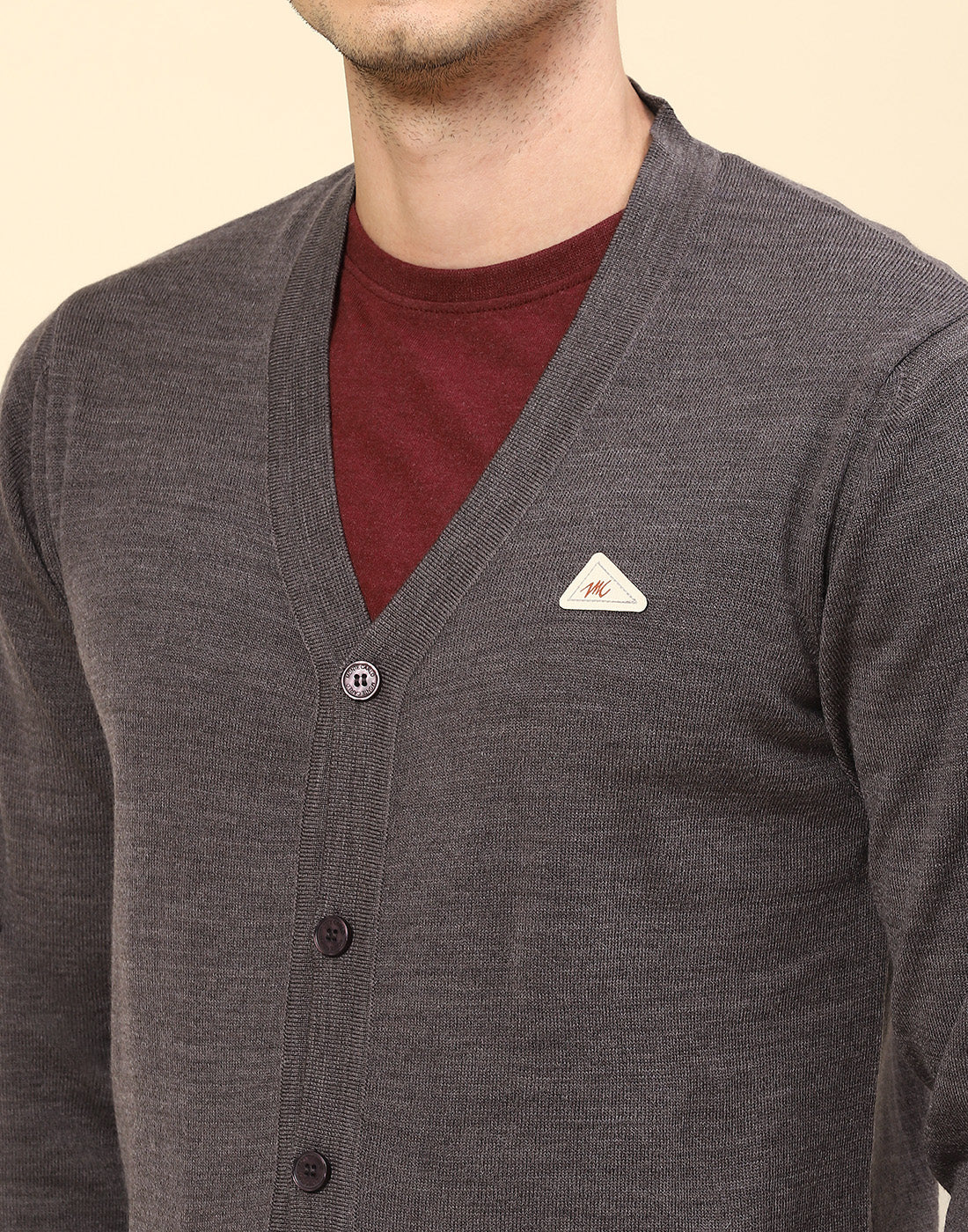 Men Grey Solid V Neck Full Sleeve Cardigan - Image 6