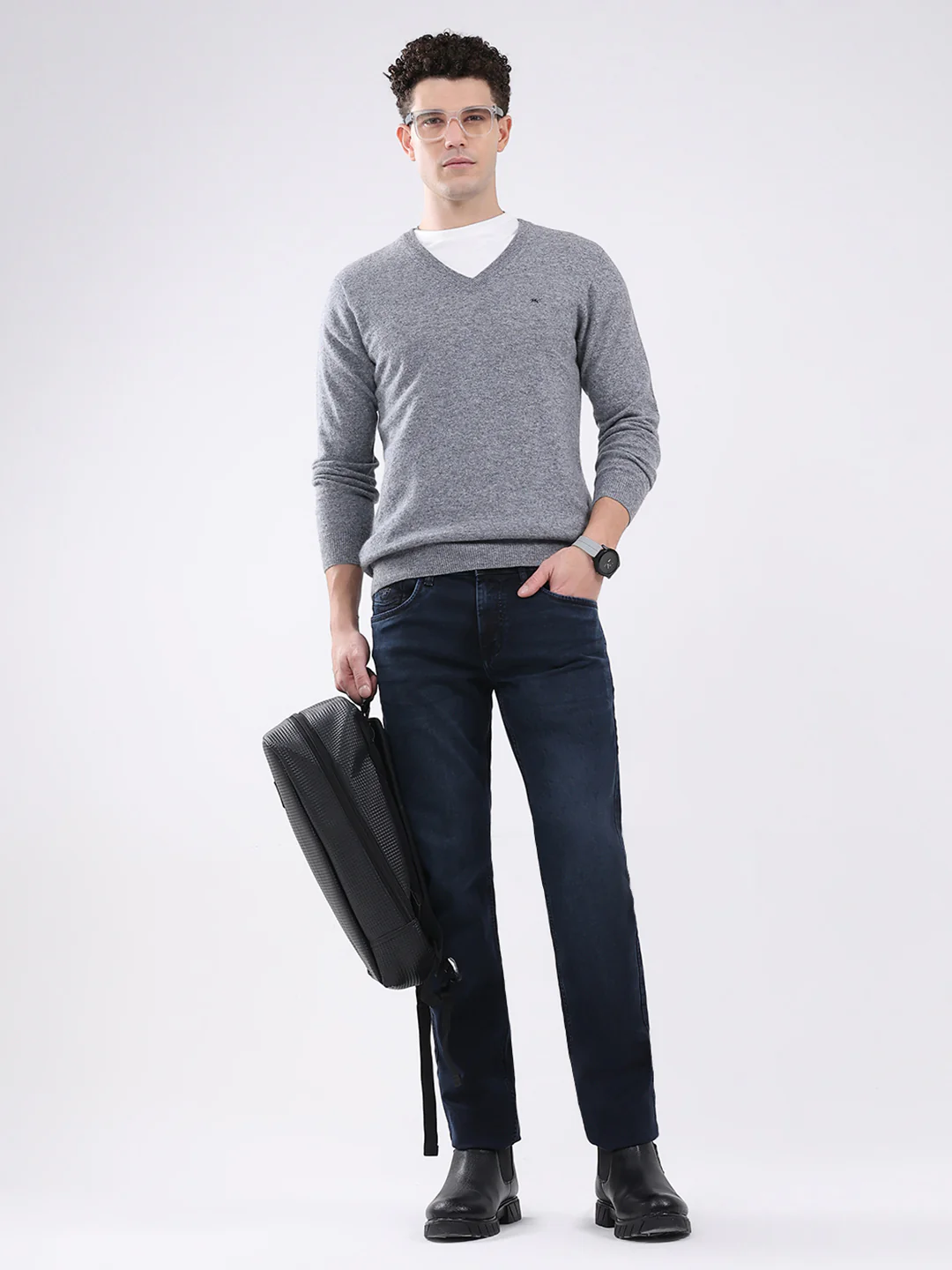 Men Grey Solid V Neck Full Sleeve Pullover - Image 2