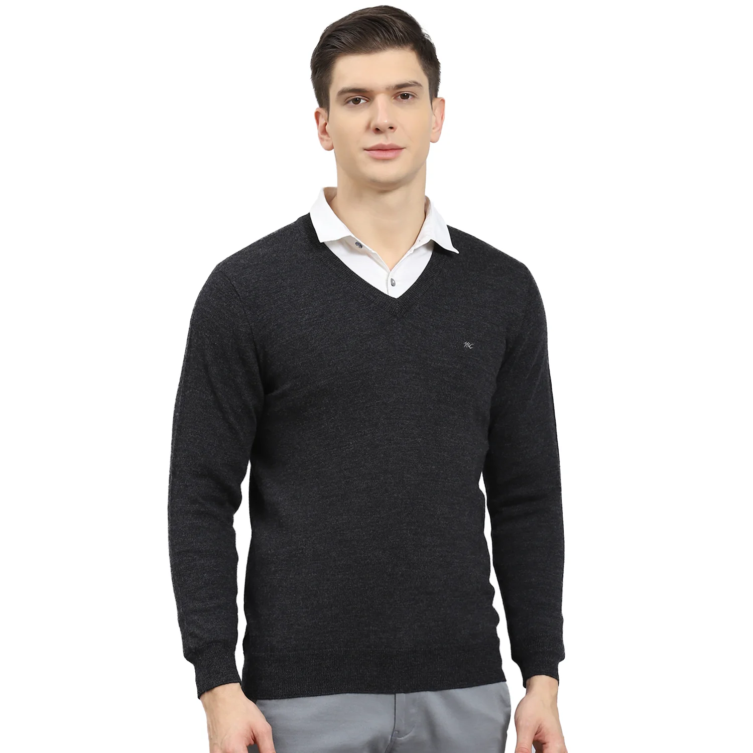 Men Grey Solid V Neck Full Sleeve Sweater - Image 5