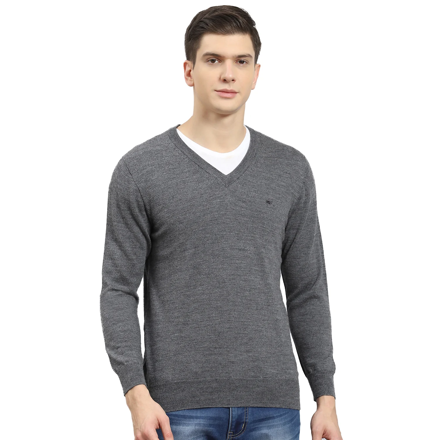 Men Grey Solid V Neck Full Sleeve Sweater - Image 5