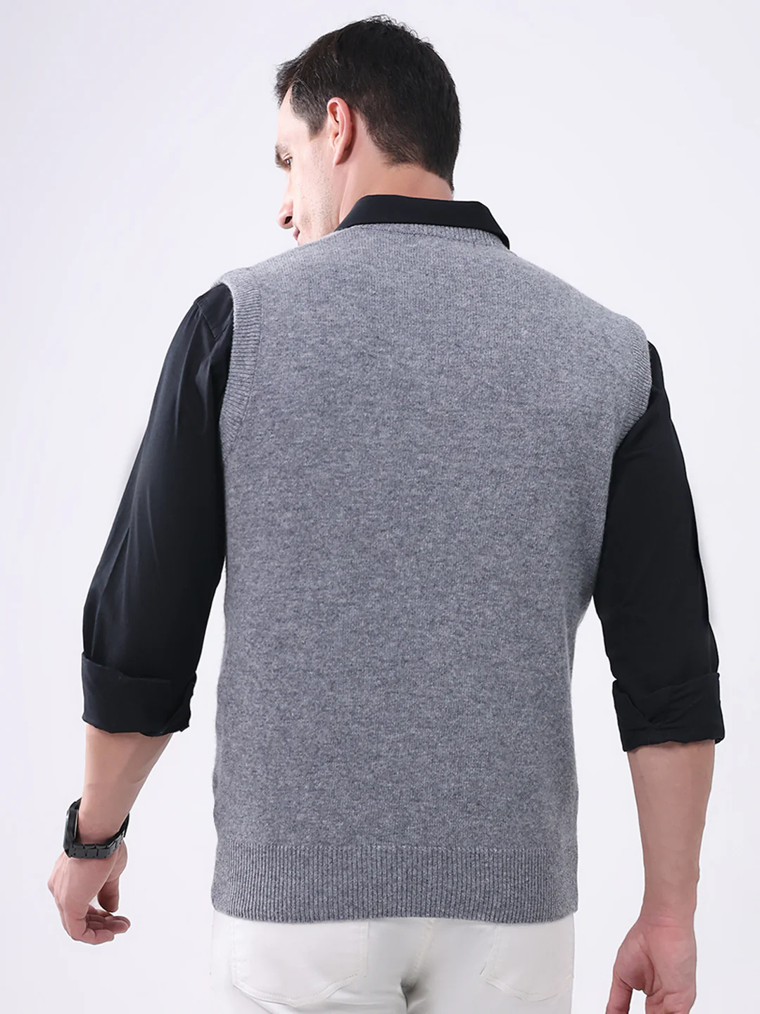Men Grey Solid V Neck Sleeveless Sweater - Image 5