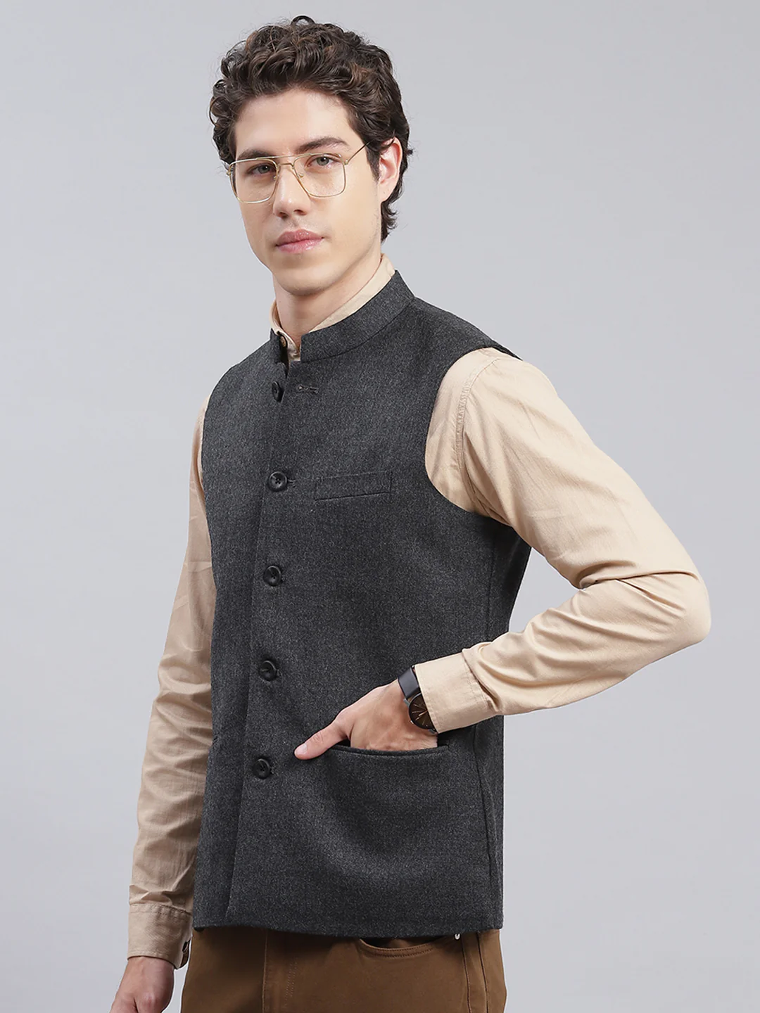 Men Grey Solid Wool blend Coat - Image 4