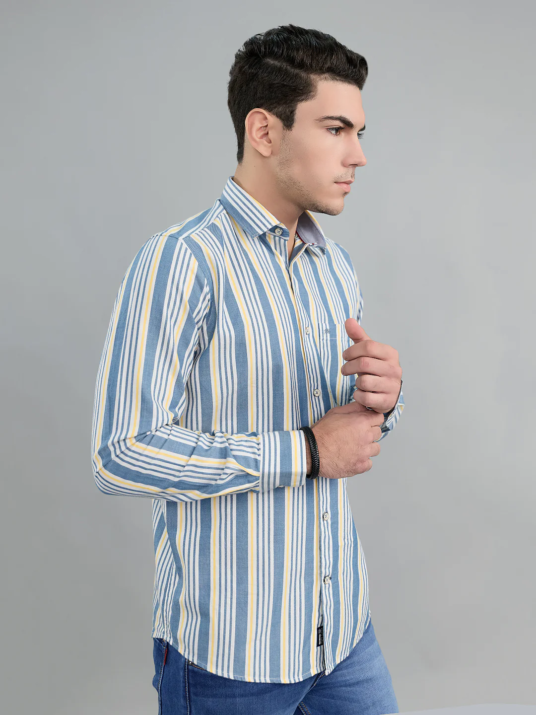 Men Grey Stripe Collar Full Sleeve Shirt - Image 2