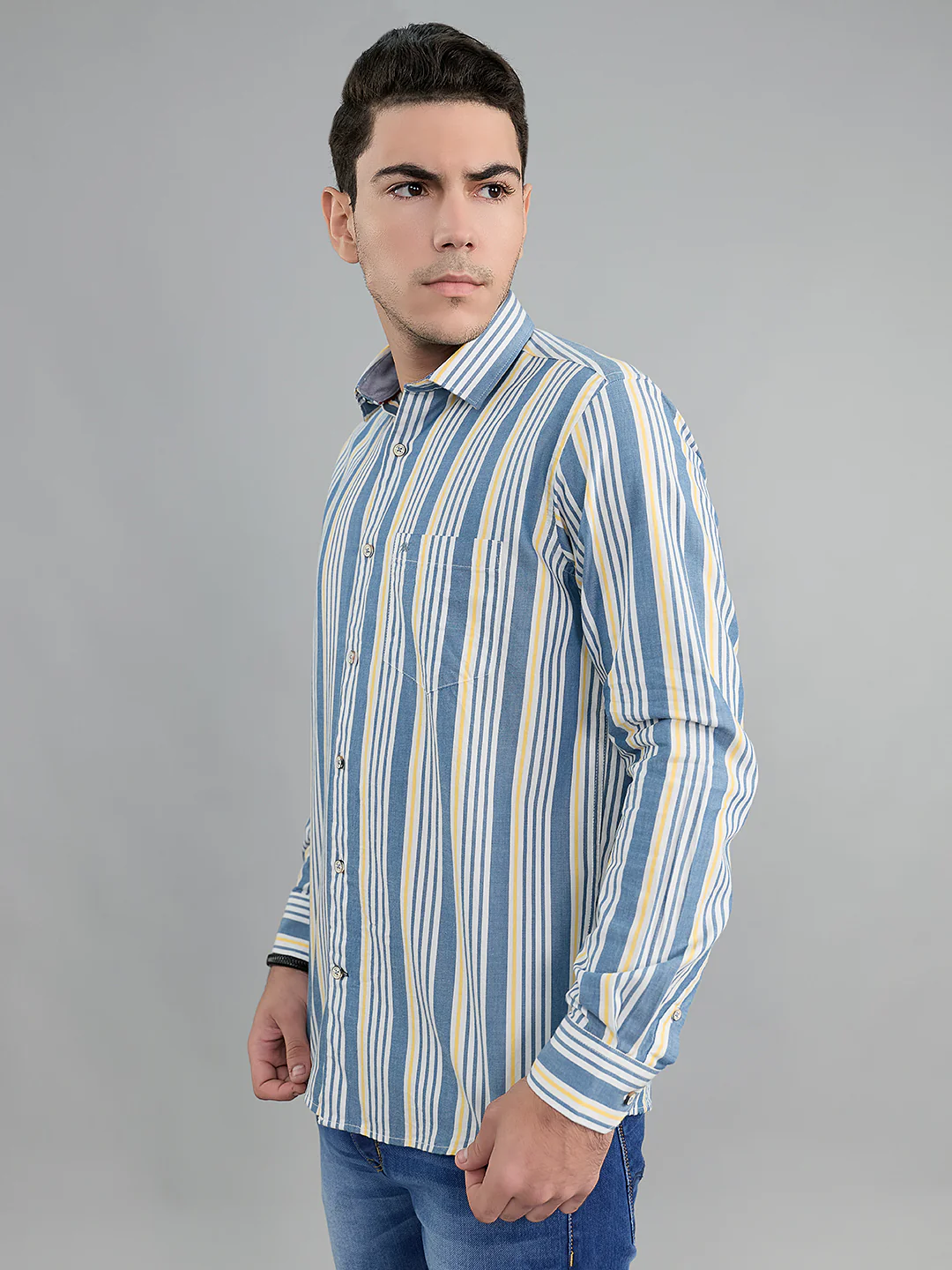 Men Grey Stripe Collar Full Sleeve Shirt - Image 3