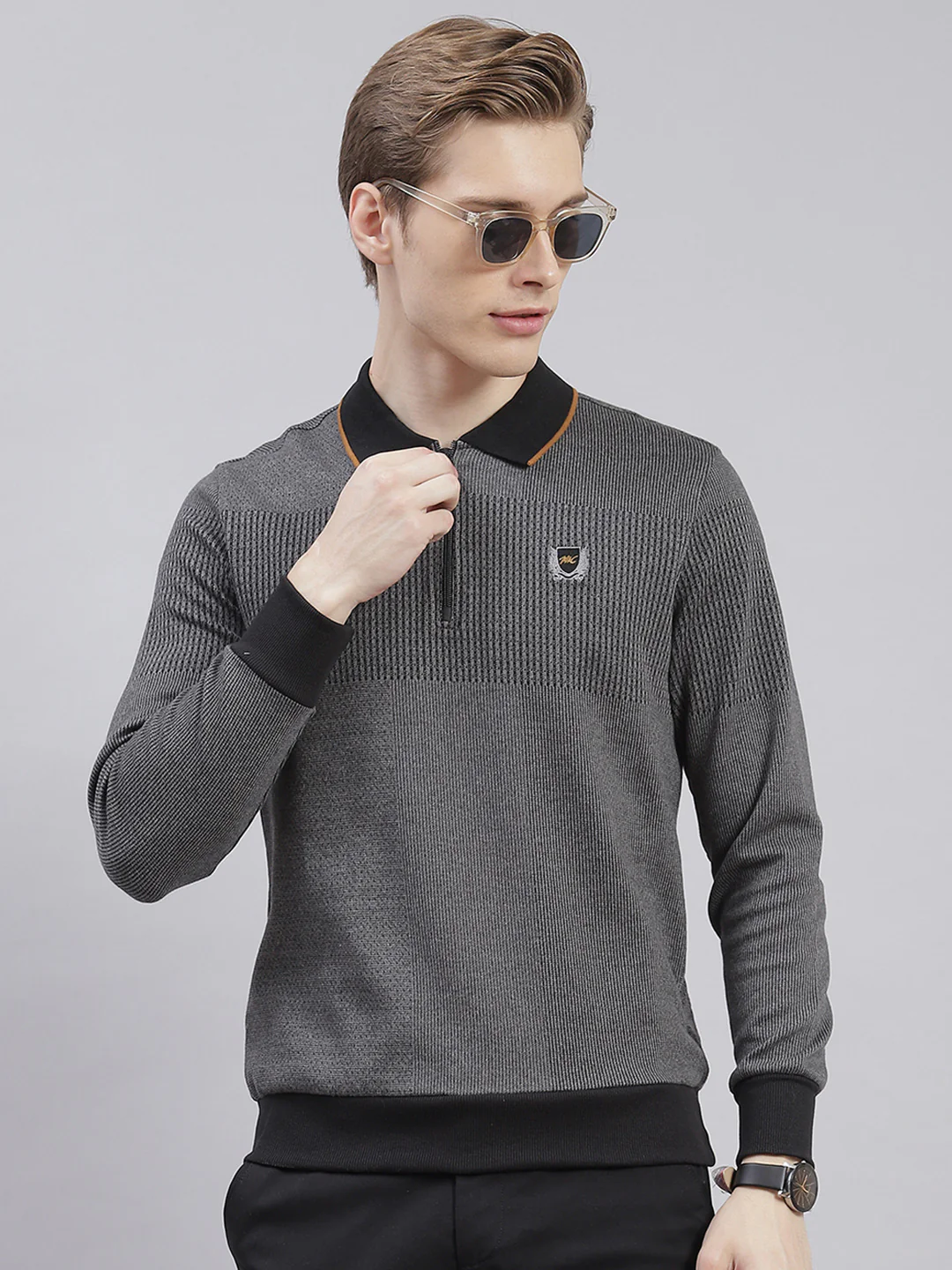 Men Grey Stripe Collar Full Sleeve Sweatshirts - Image 2