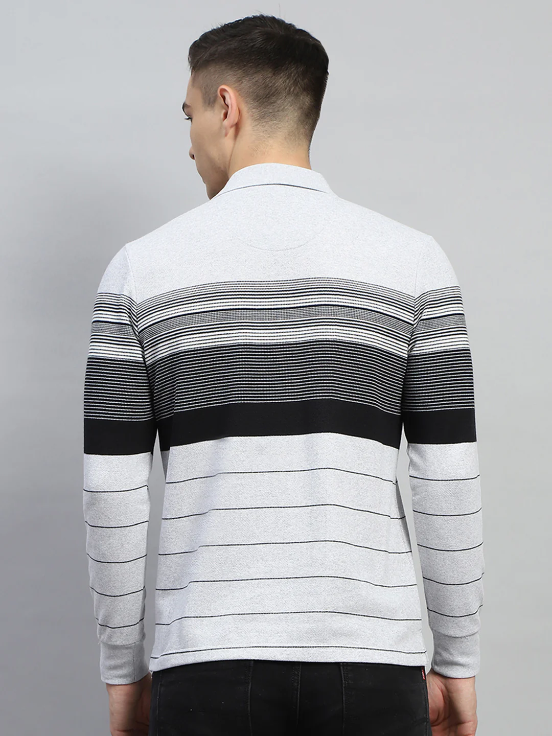 Men Grey Stripe Collar Full Sleeve Winter T-Shirt - Image 5