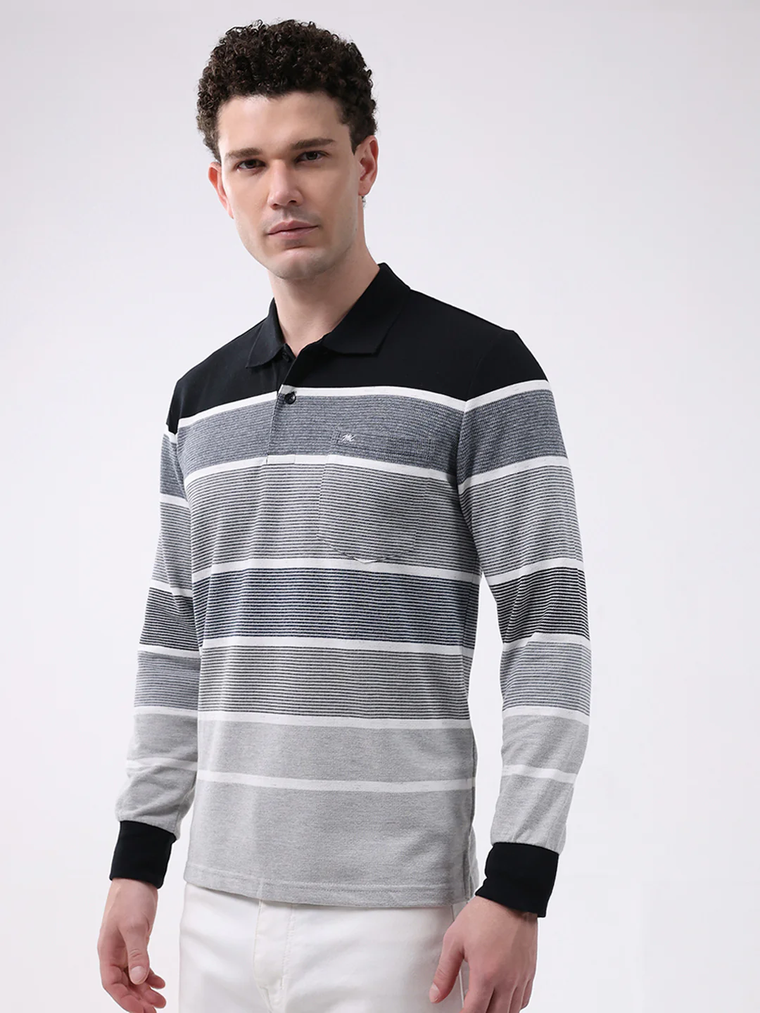 Men Grey Stripe Collar Full Sleeve Winter T-Shirt - Image 4