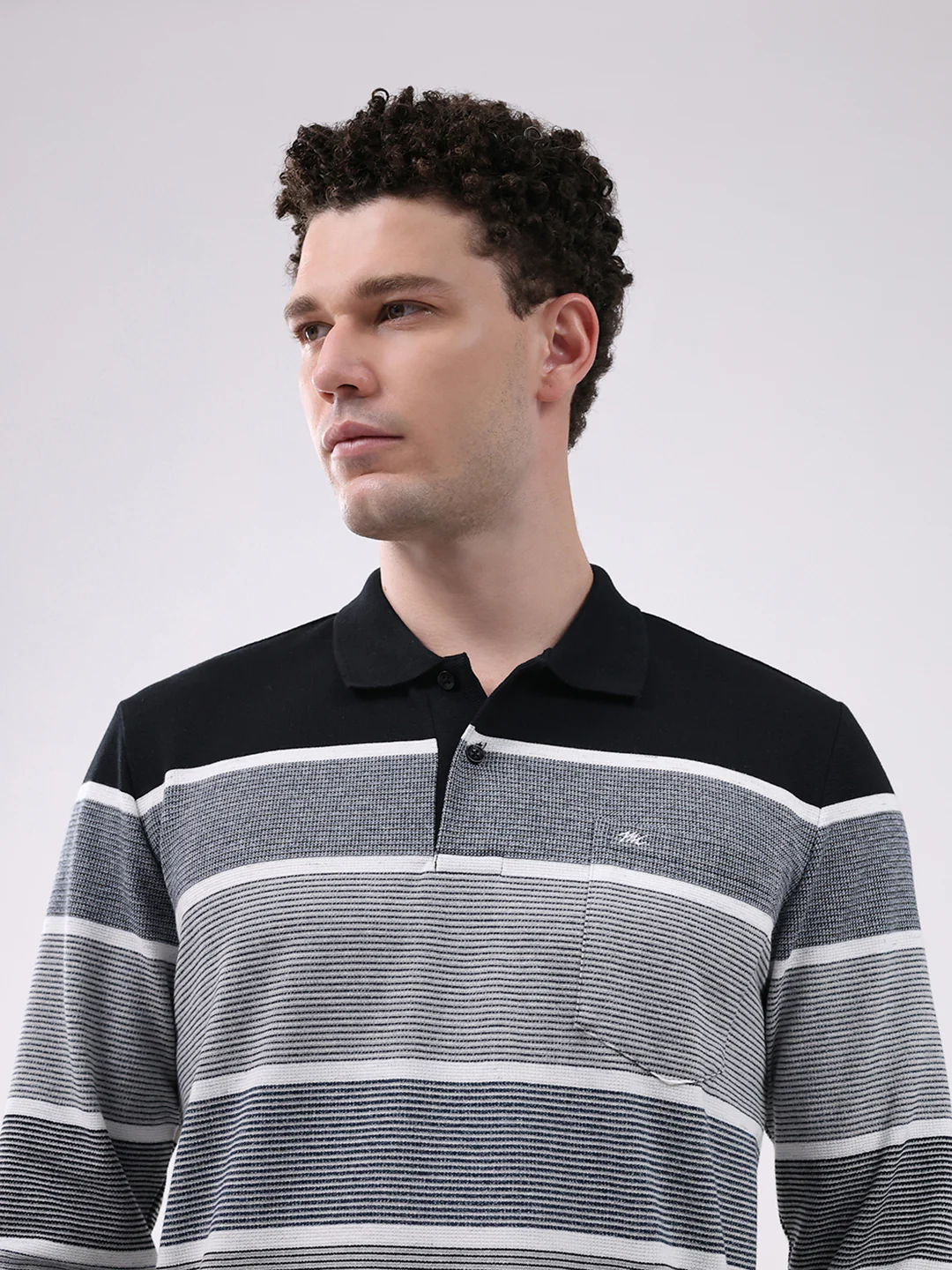 Men Grey Stripe Collar Full Sleeve Winter T-Shirt - Image 7