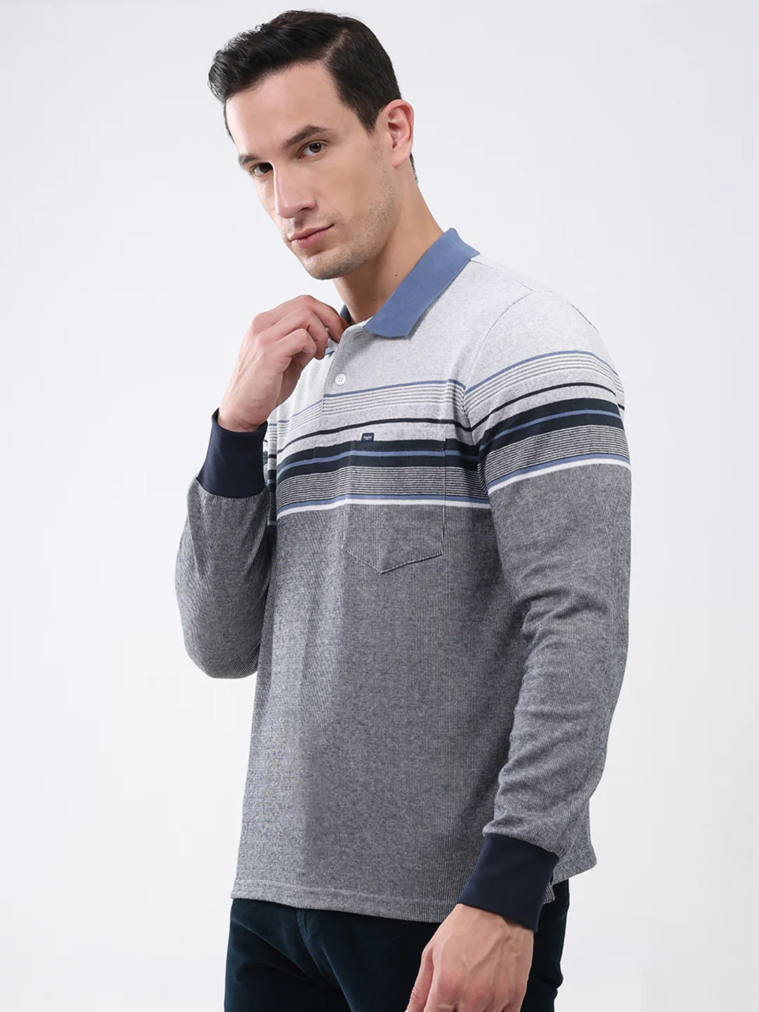 Men Grey Stripe Collar Full Sleeve Winter T-Shirt - Image 3