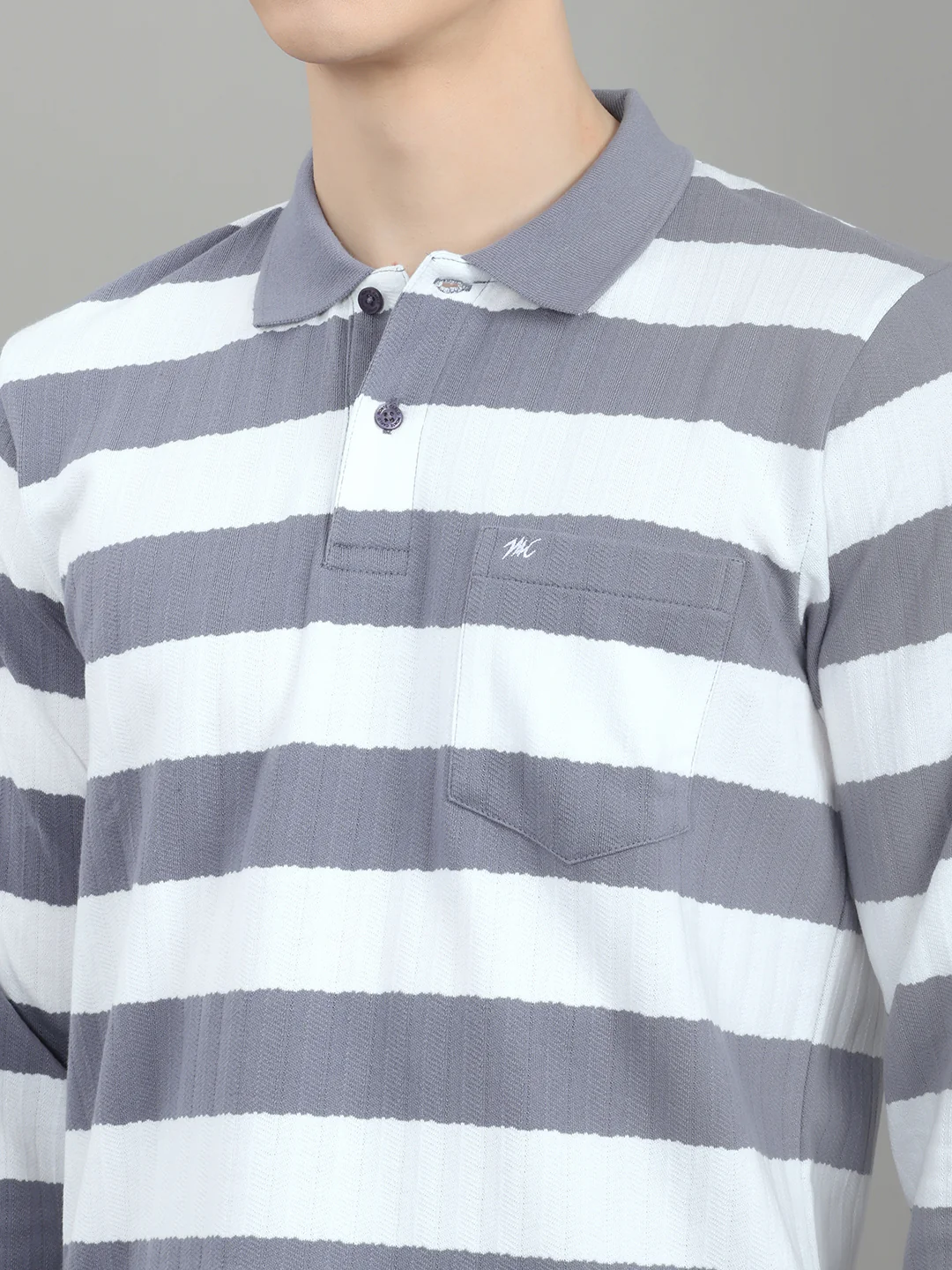 Men Grey Stripe Collar Full Sleeve Winter T-Shirt - Image 5