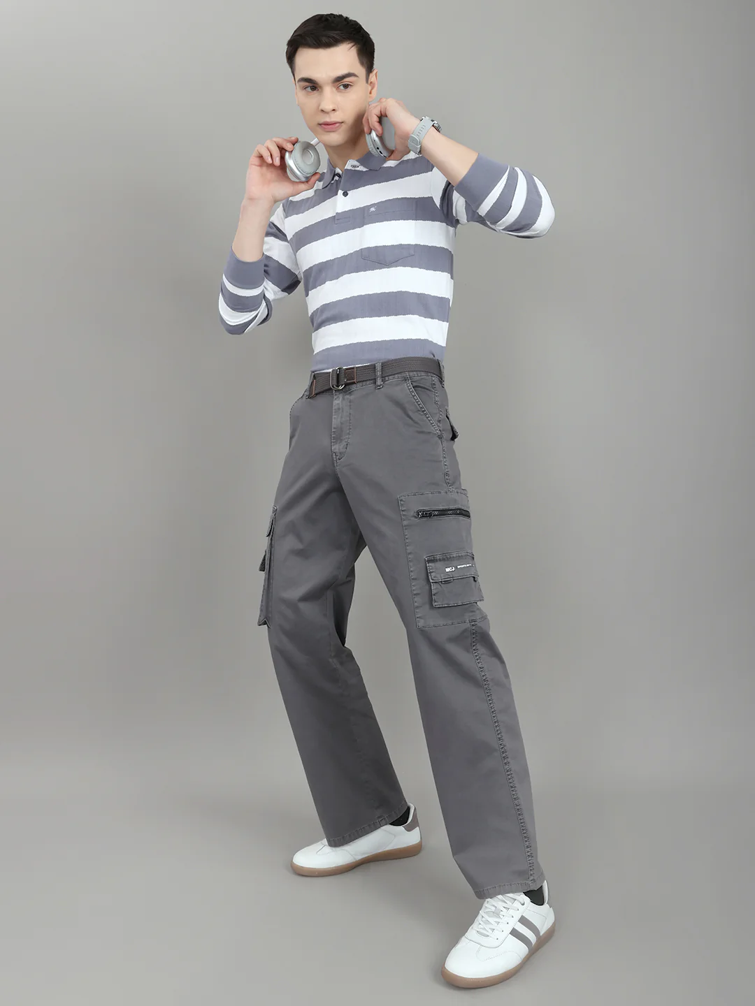 Men Grey Stripe Collar Full Sleeve Winter T-Shirt - Image 7