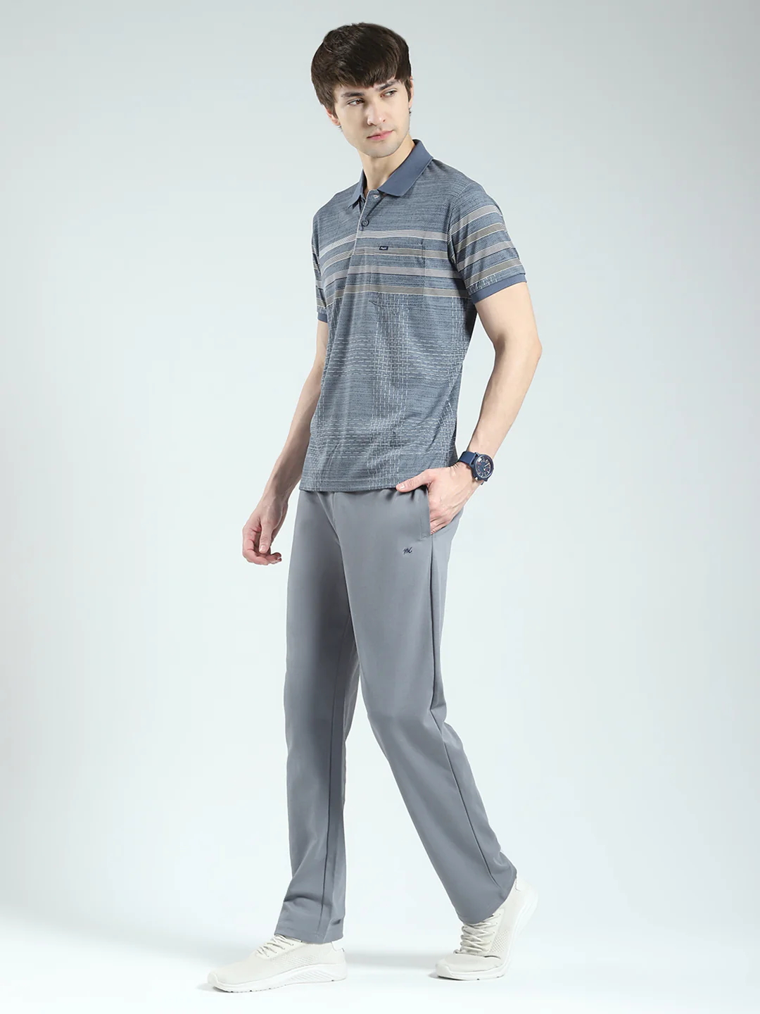 Men Grey Stripe Collar Half Sleeve Lower Set - Image 3