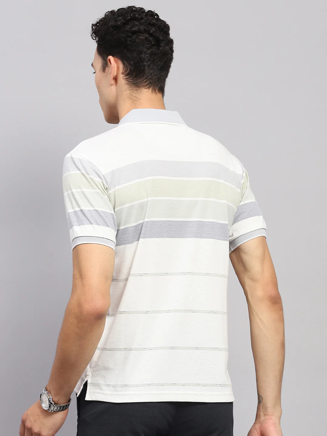 Men Grey Stripe Collar Half Sleeve T-Shirt - Image 5