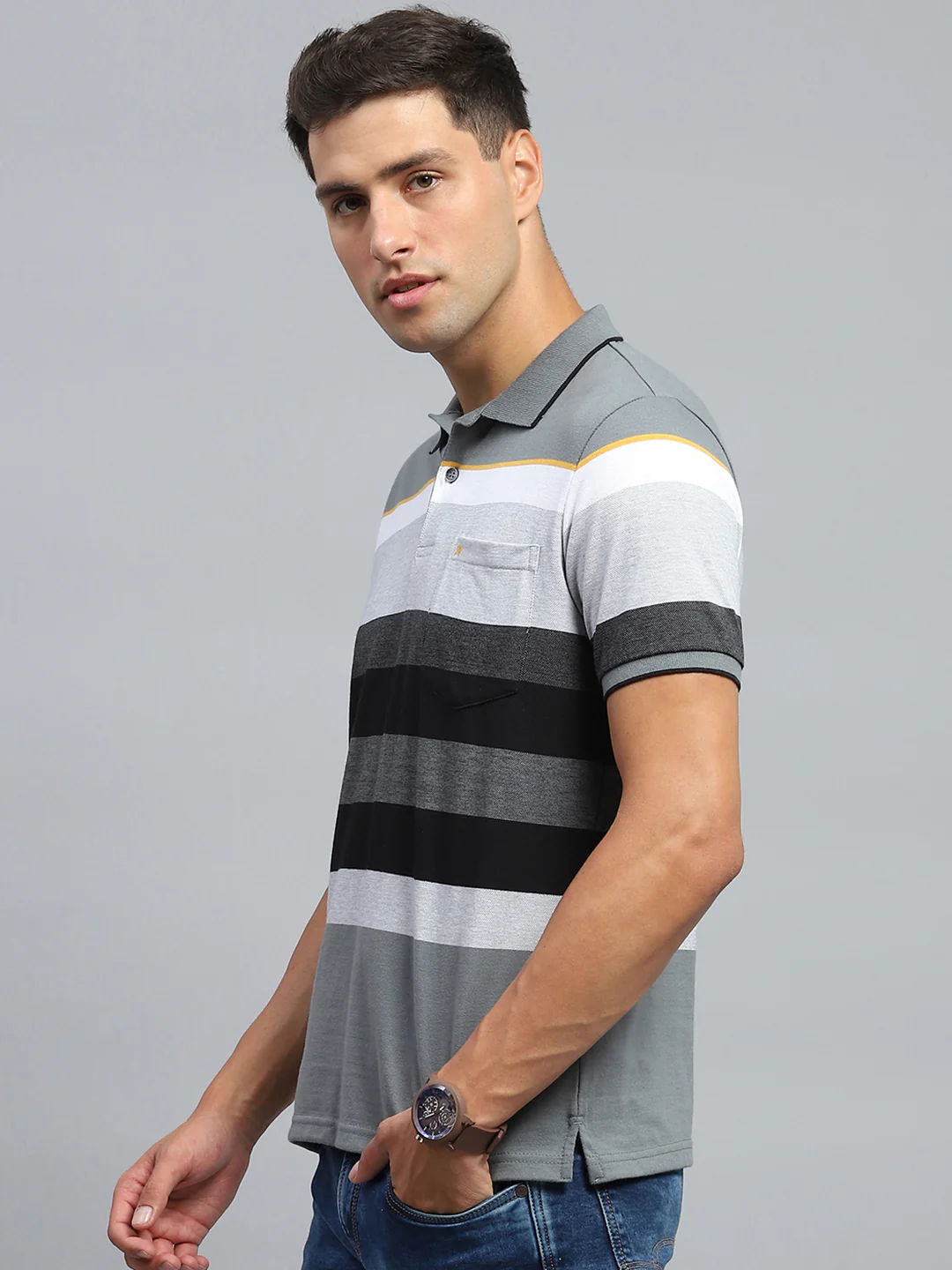 Men Grey Stripe Collar Half Sleeve T-Shirt - Image 3