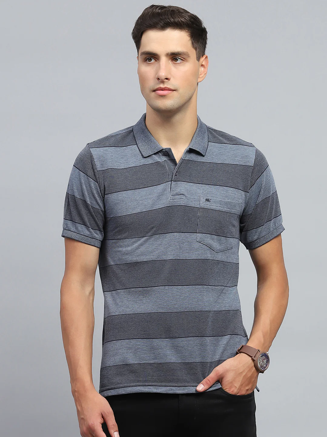 Men Grey Stripe Collar Half Sleeve T-Shirt - Image 2