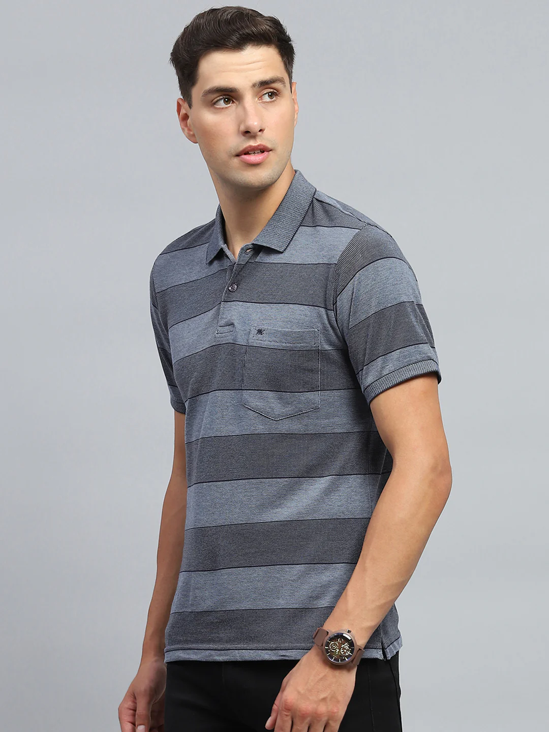 Men Grey Stripe Collar Half Sleeve T-Shirt - Image 3