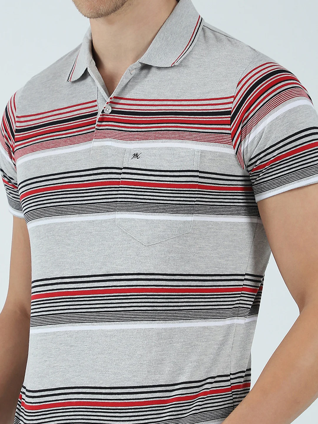Men Grey Stripe Collar Half Sleeve T-Shirt - Image 7