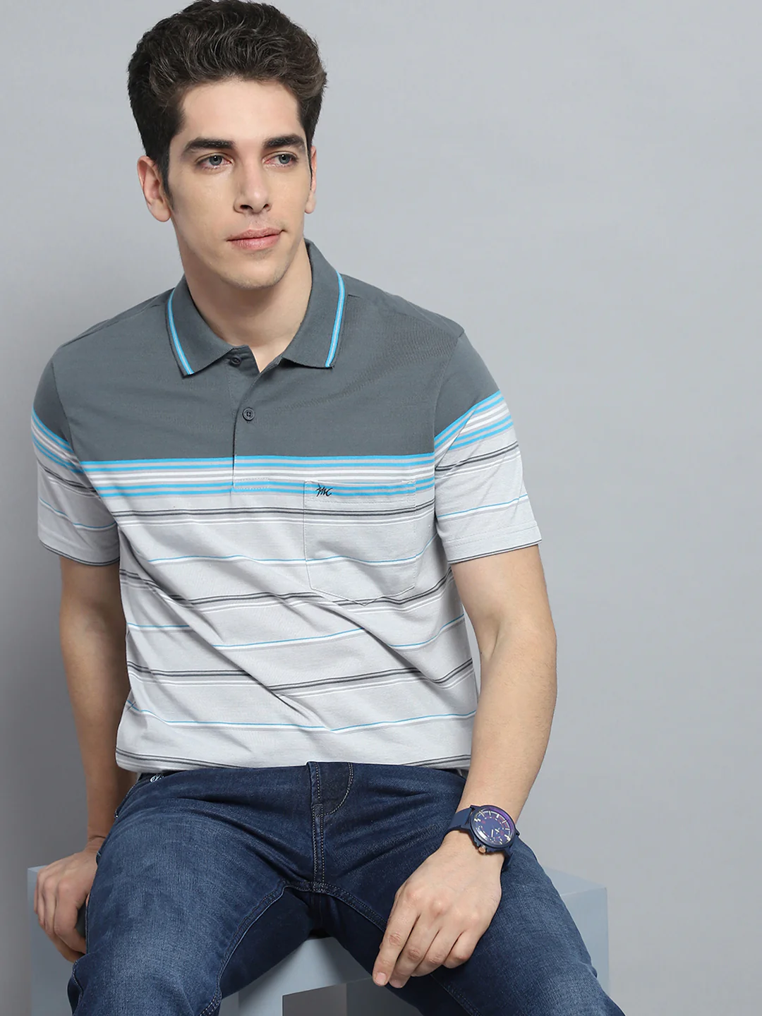 Men Grey Stripe Collar Half Sleeve T-Shirt - Image 6