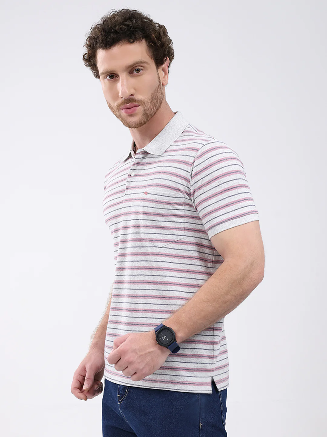 Men Grey Stripe Collar Half Sleeve T-Shirt - Image 3
