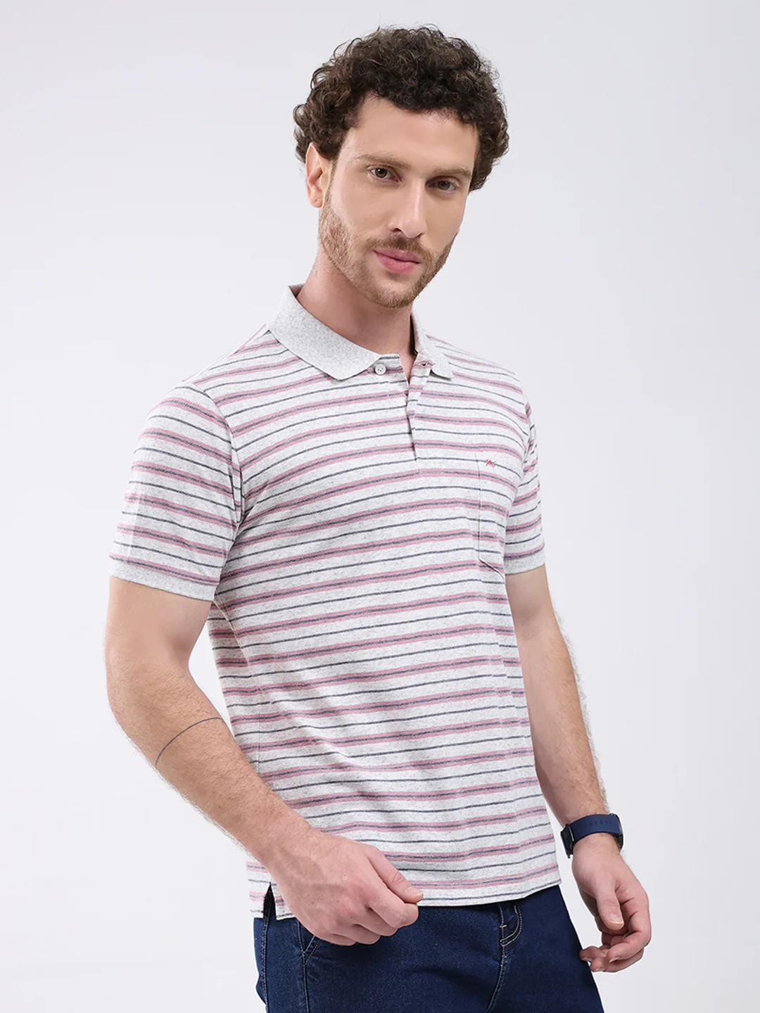 Men Grey Stripe Collar Half Sleeve T-Shirt - Image 4