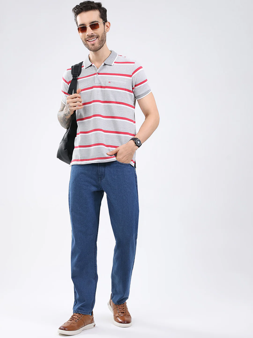 Men Grey Stripe Collar Half Sleeve T-Shirt - Image 2