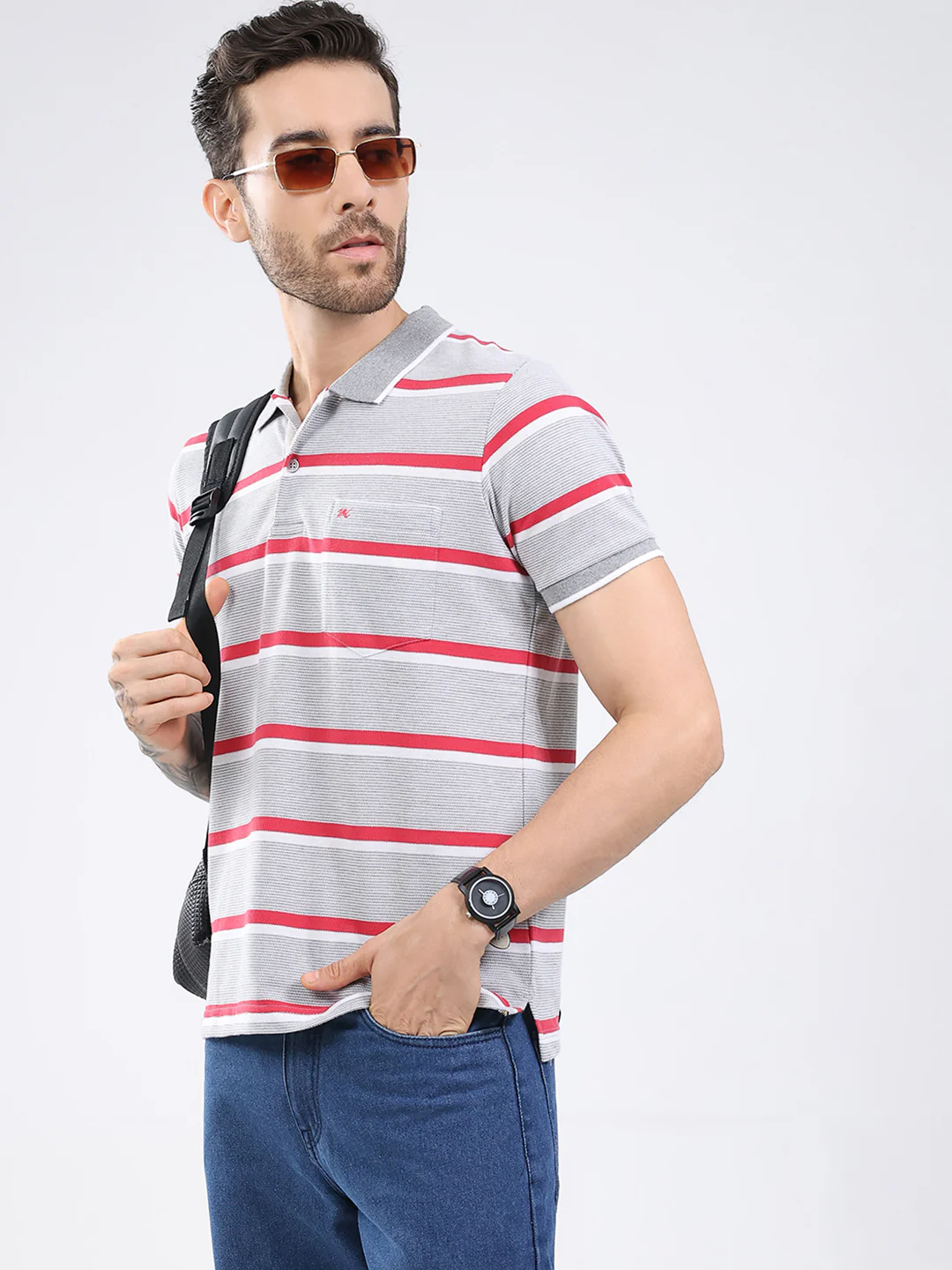 Men Grey Stripe Collar Half Sleeve T-Shirt - Image 6