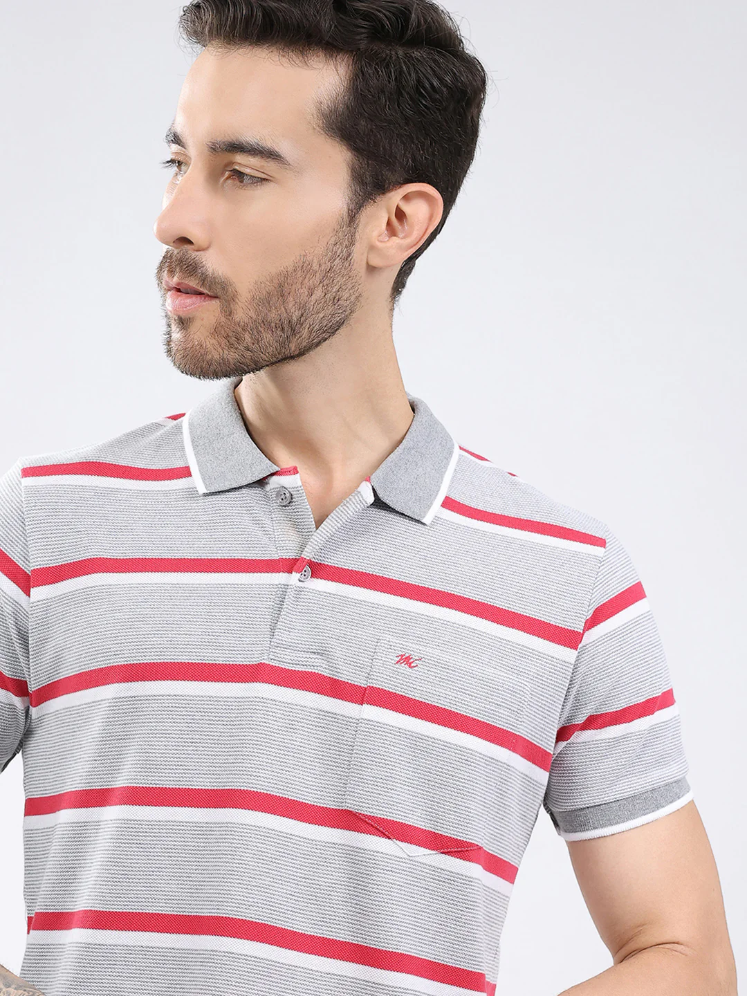 Men Grey Stripe Collar Half Sleeve T-Shirt - Image 7